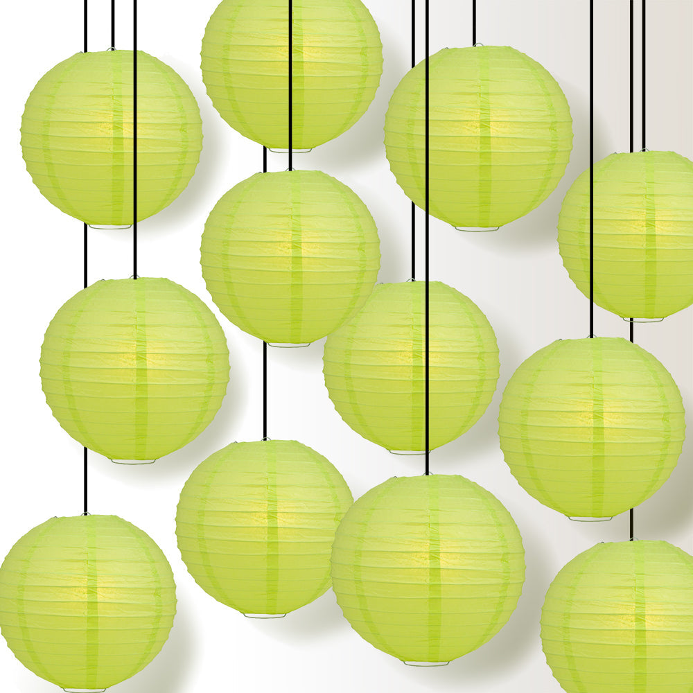 12 PACK | 12" Light Lime Even Ribbing Round Paper Lantern, Hanging Combo Set - PaperLanternStore.com - Paper Lanterns, Decor, Party Lights & More