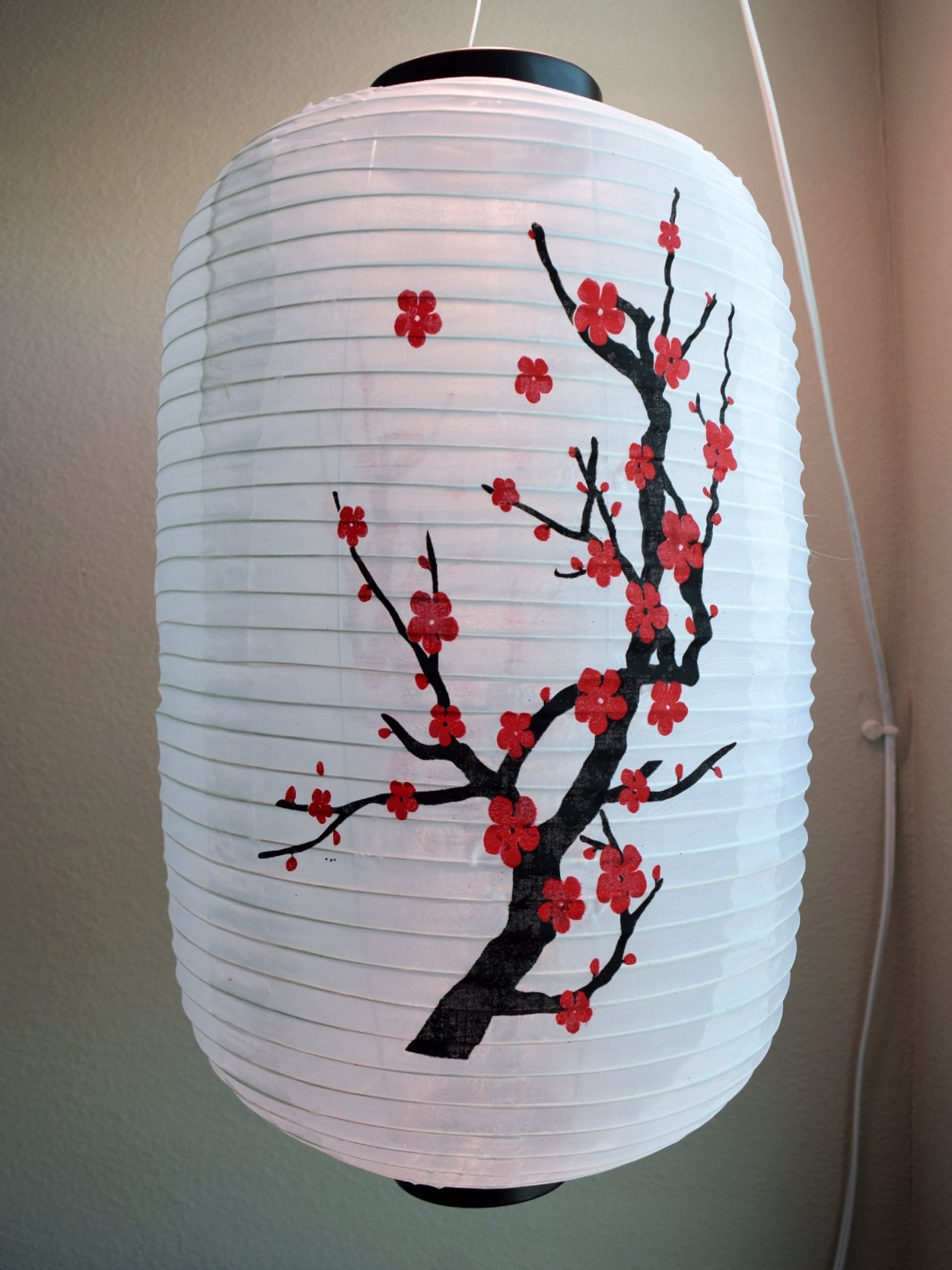 Large Japanese Style Nylon Lantern with Plum Tree Blossoms, White (12"W x 19.5"H)