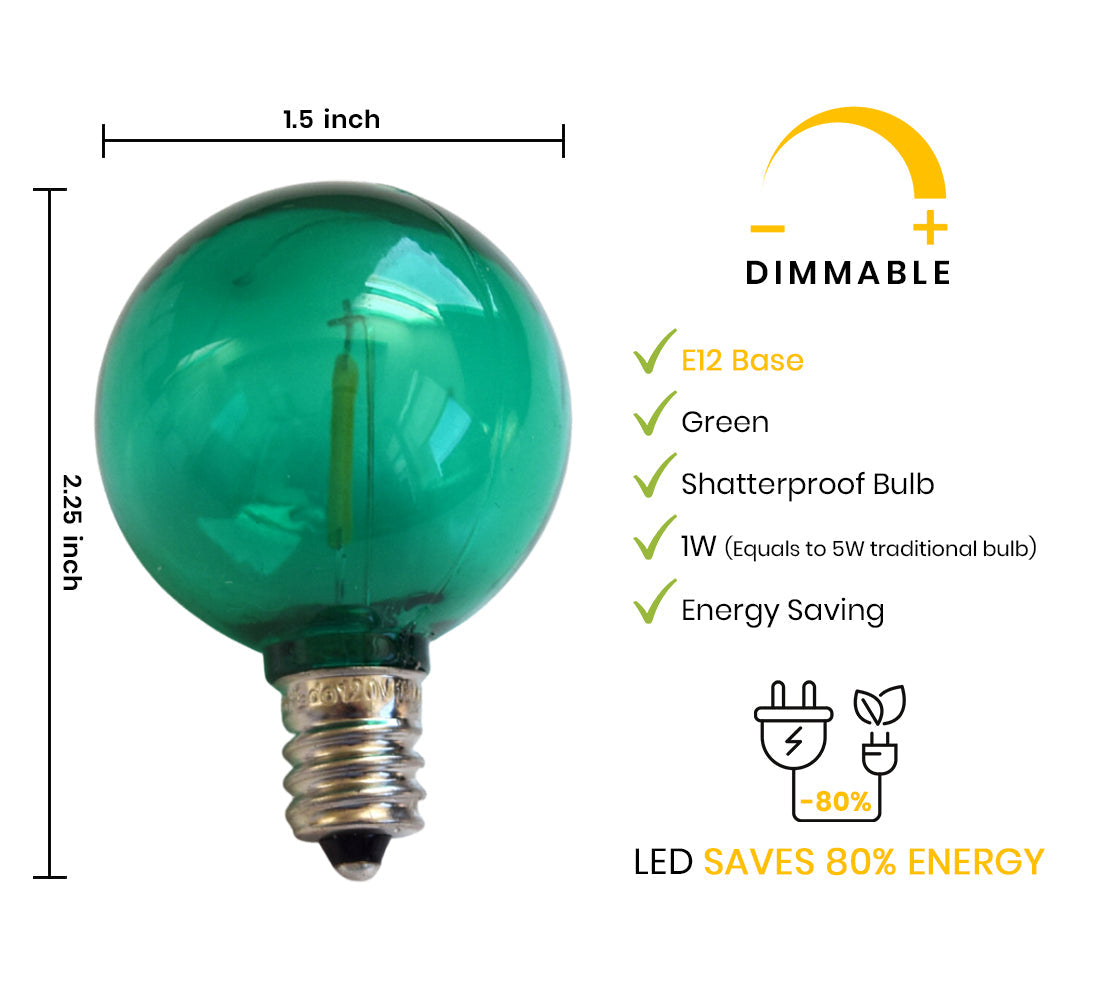 Green LED Filament G40 Globe Shatterproof Energy Saving Color Light Bulb, Dimmable, 1W, E12 Candelabra Base (Single)