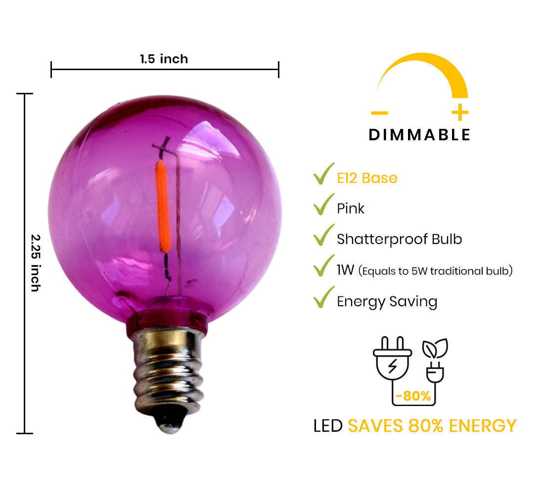 Fuchsia / Hot Pink LED Filament G40 Globe Shatterproof Energy Saving Color Light Bulb, Dimmable, 1W, E12 Candelabra Base (Single)
