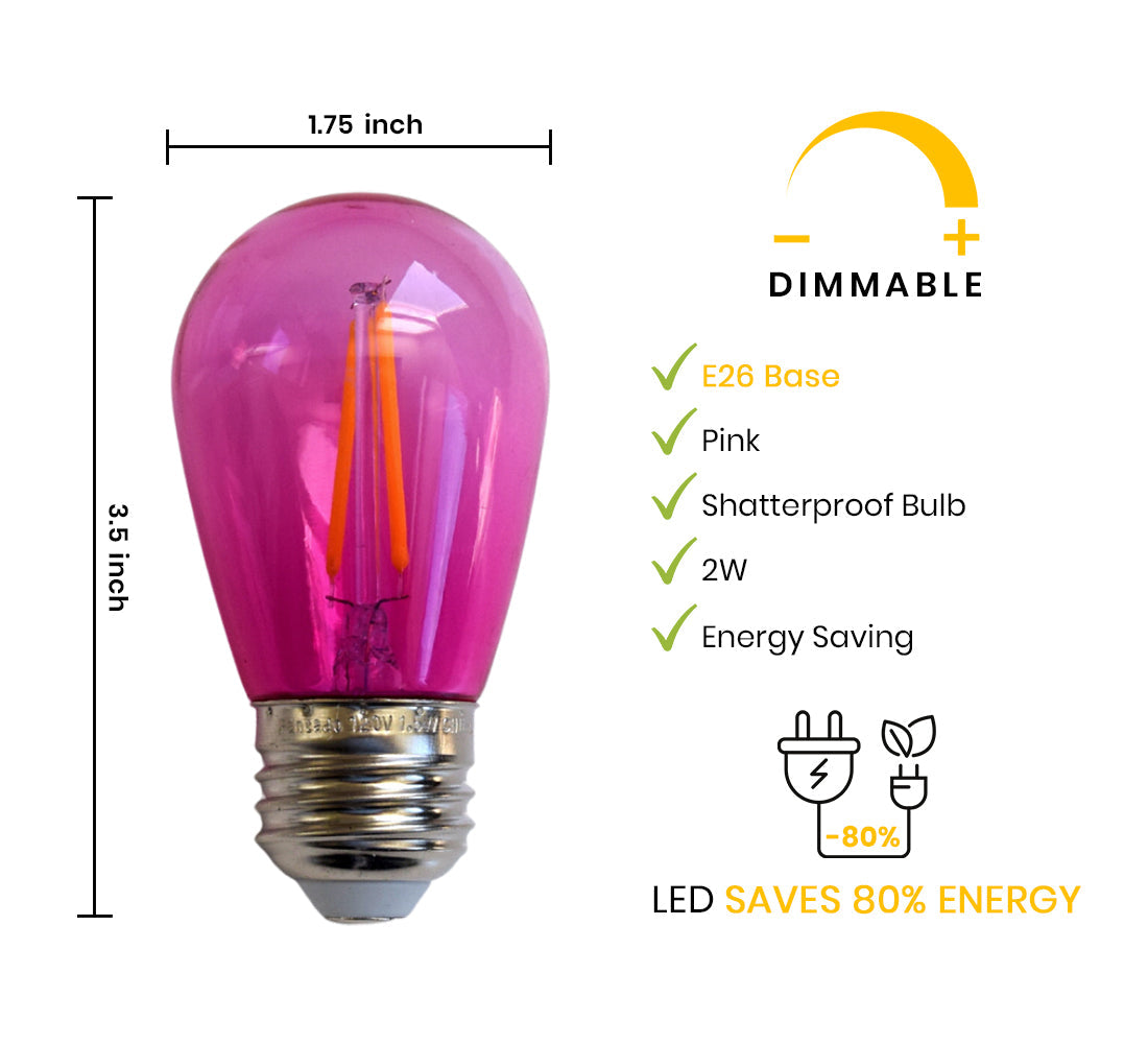 Fuchsia / Hot Pink LED Filament S14 Shatterproof Energy Saving Color Light Bulb, Dimmable, 2W, E26 Medium Base (Single)