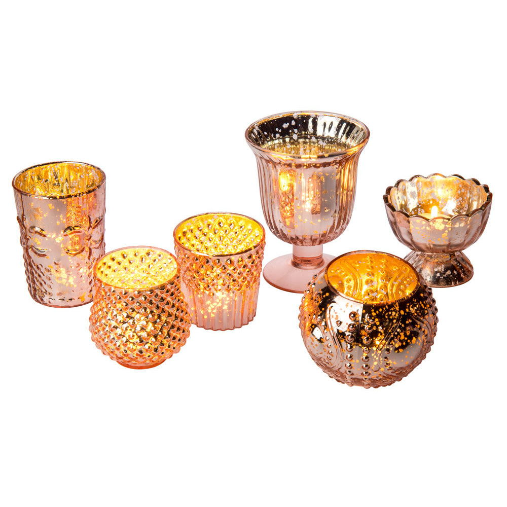 Vintage Glam Rose Gold Pink Mercury Glass Tea Light Votive Candle Holders (6 PACK, Assorted Designs and Sizes) - PaperLanternStore.com - Paper Lanterns, Decor, Party Lights & More
