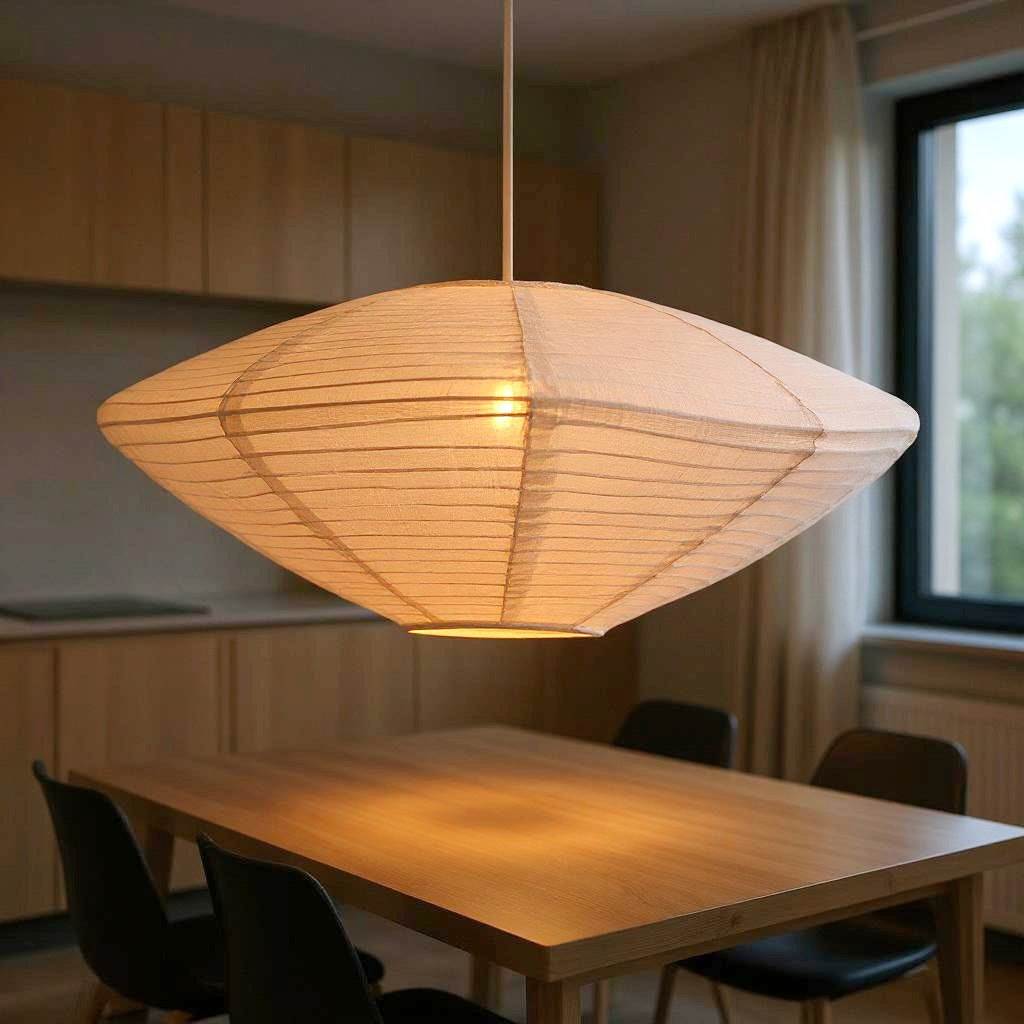 Large UFO Diamond Shaped Linen Fabric Lantern Lampshade, Handcrafted, Durable, White Beige (20"W x 8"H)