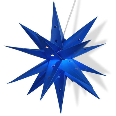18" Dark Blue Weatherproof Moravian Star Lantern Lamp, Hanging Decoration - Lit
