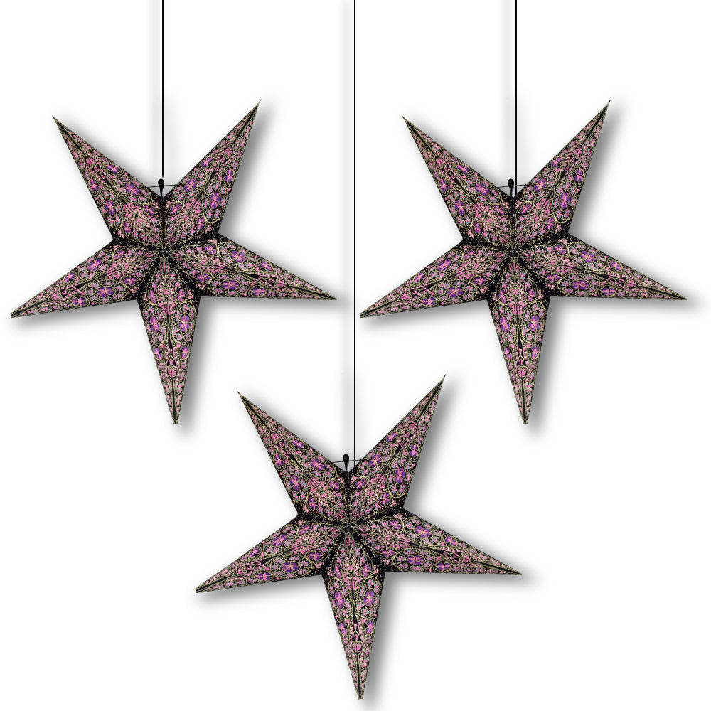 3-PACK + Cord | 24" Purple Garden Paper Star Lantern and Lamp Cord Hanging Decoration