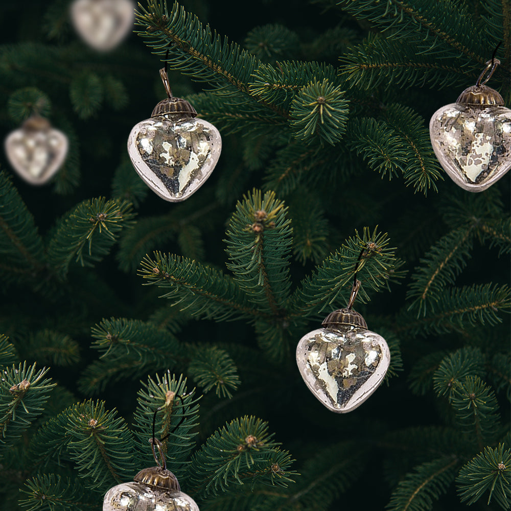 6 Pack | 1.5" Silver Cora Mercury Glass Heart Ornaments Christmas Tree Decoration - AsianImportStore.com - B2B Wholesale Lighting & Décor since 2002.