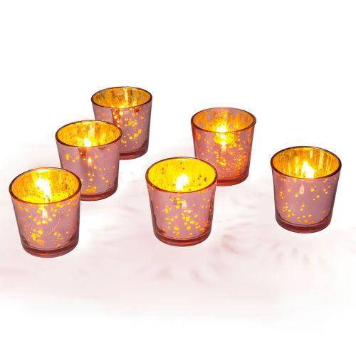 6 Pack | Vintage Mercury Glass Candle Holders (2.5-Inch, Lila Design, Liquid Motif, Rose Gold Pink) - For Use with Tea Lights - For Parties, Weddings and Homes - AsianImportStore.com - B2B Wholesale Lighting and Decor