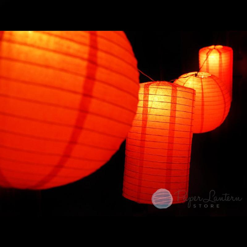 8" Chinese New Year Round & Cylinder Paper Lantern String Light COMBO Kit (12 FT, EXPANDABLE, Black Cord) - AsianImportStore.com - B2B Wholesale Lighting and Decor