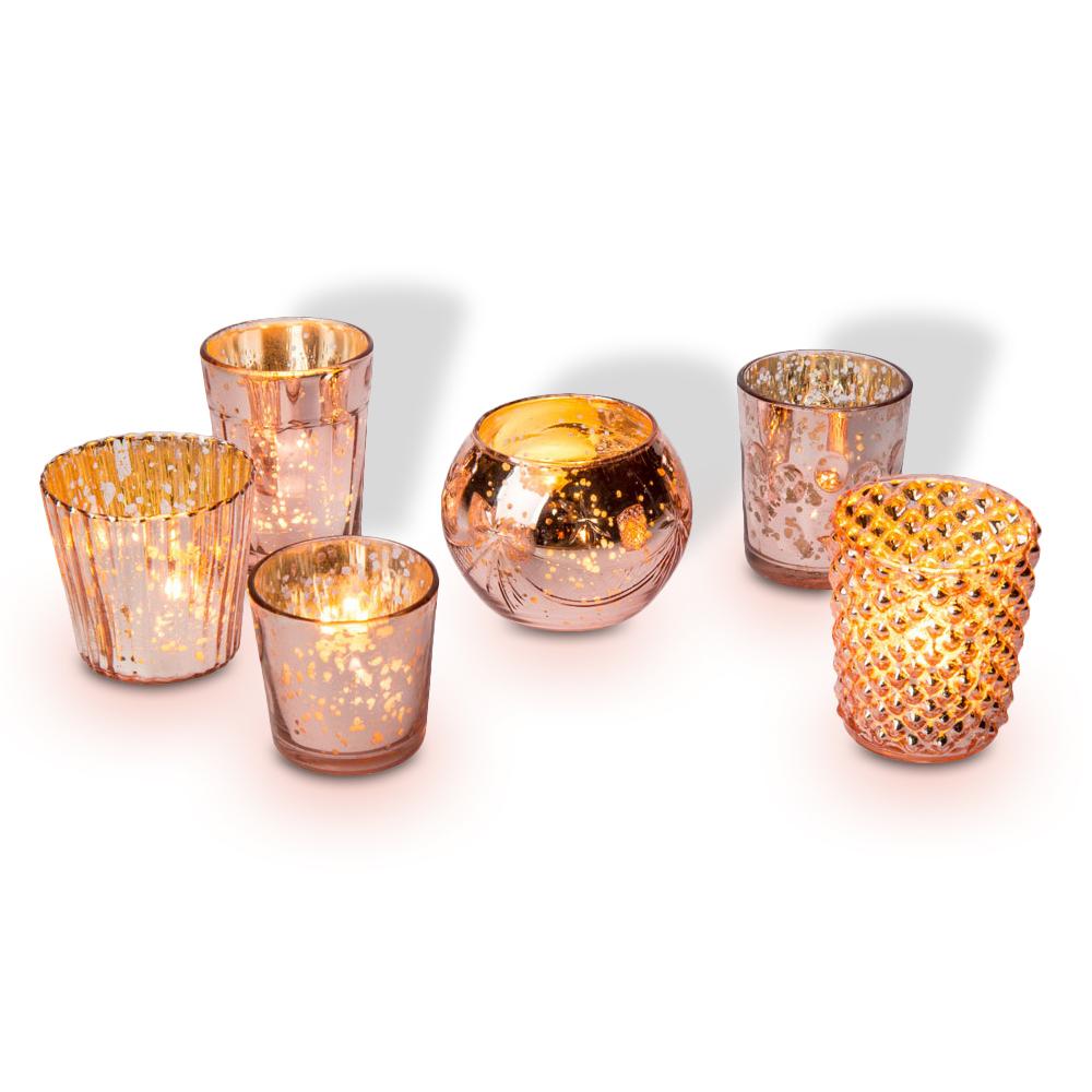 Best of Show Vintage Mercury Glass Votive Tea Light Candle Holders - Rose Gold Pink (6 PACK, Assorted Designs) - AsianImportStore.com - B2B Wholesale Lighting and Decor
