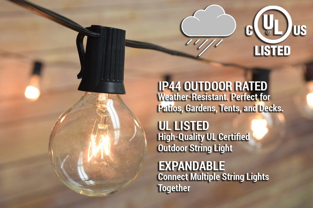 28 Ft | 25 Socket Outdoor Black Patio String Light Cord With Clear Globe Bulbs - E12 C7 Base, UL Listed