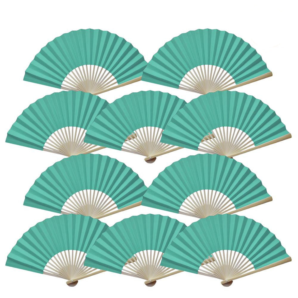 9" Cool Mint Green Paper Hand Fans for Weddings, Premium Paper Stock (10 Pack)
