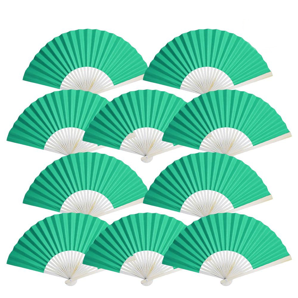 9" Teal Green Paper Hand Fans for Weddings, Premium Paper Stock (10 Pack)