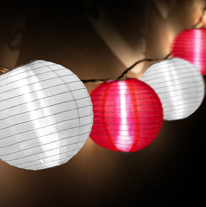 16-FT, 20x Shimmering Nylon Lantern Party String Lights Set (4" Red and White Lanterns) - AsianImportStore.com - B2B Wholesale Lighting and Decor