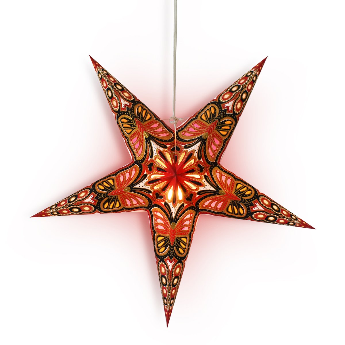 3-PACK + Cord | 24" Red / Black Butterfly Glitter Paper Star Lantern and Lamp Cord Hanging Decoration - AsianImportStore.com - B2B Wholesale Lighting and Decor