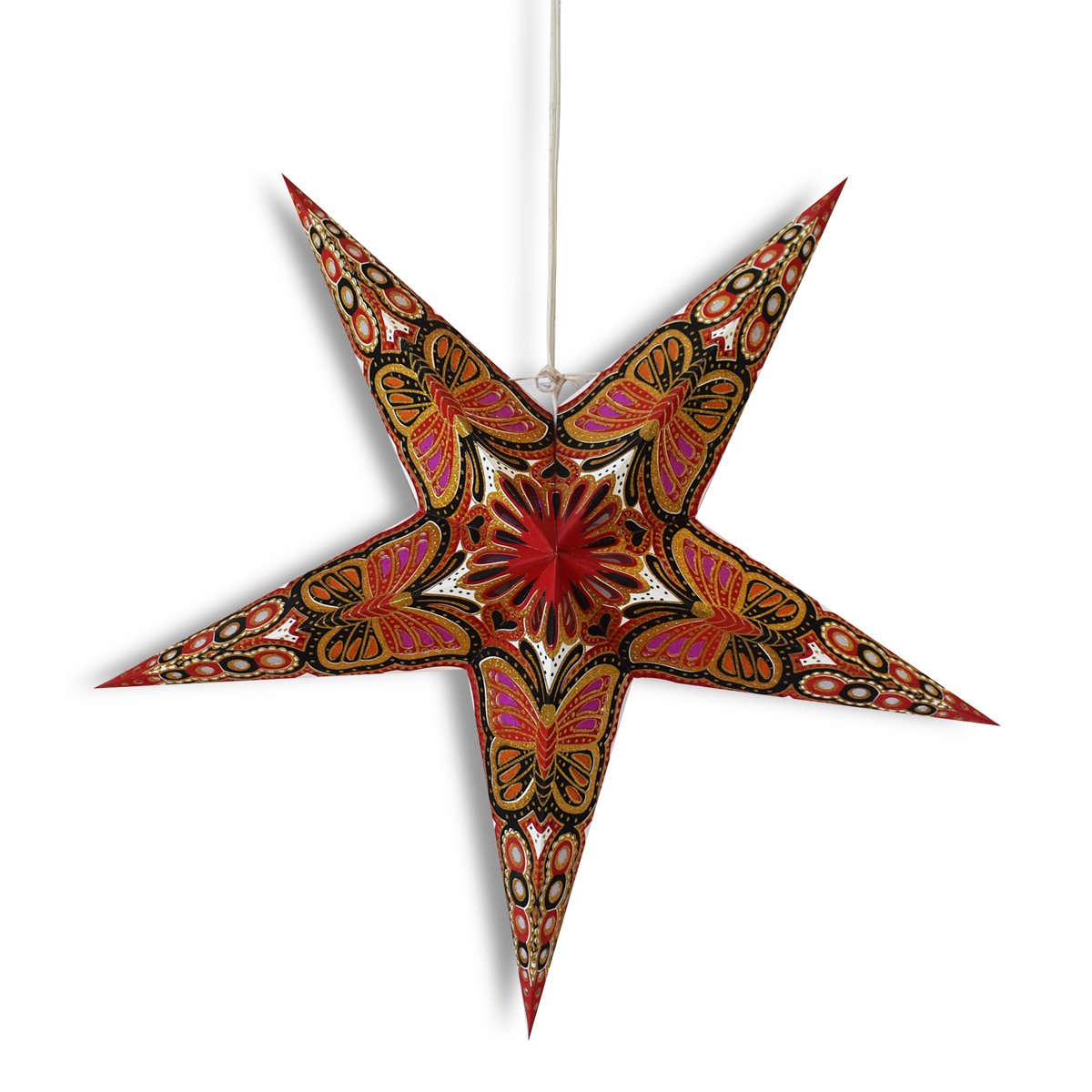 3-PACK + Cord | 24" Red / Black Butterfly Glitter Paper Star Lantern and Lamp Cord Hanging Decoration - AsianImportStore.com - B2B Wholesale Lighting and Decor