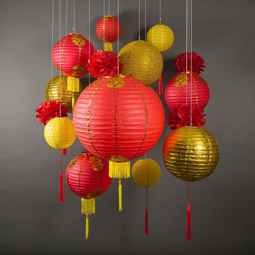  13-pc Golden Chinese New Year Paper Lantern Party Pack Combo Set - AsianImportStore.com - B2B Wholesale Lighting and Decor