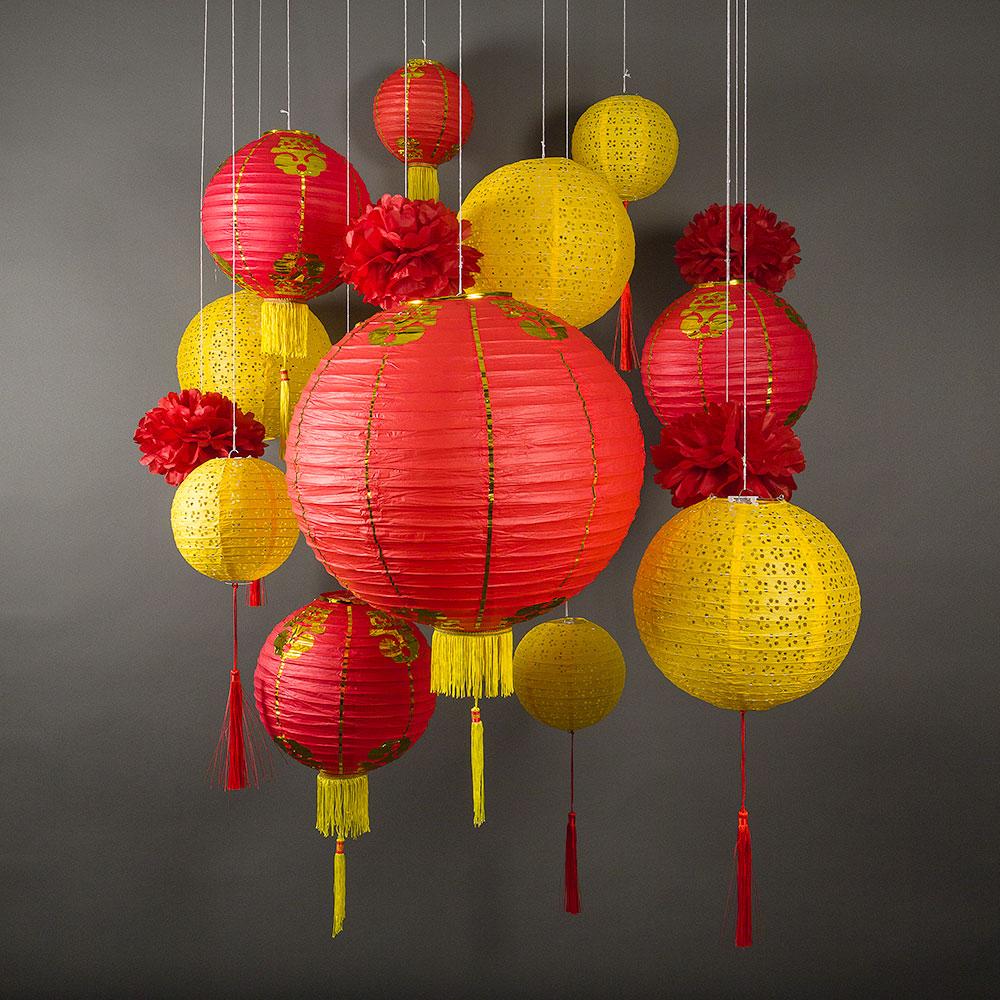  13-pc Red / Yellow Chinese New Year Paper Lantern Celebration Party Pack Combo Set - AsianImportStore.com - B2B Wholesale Lighting and Decor