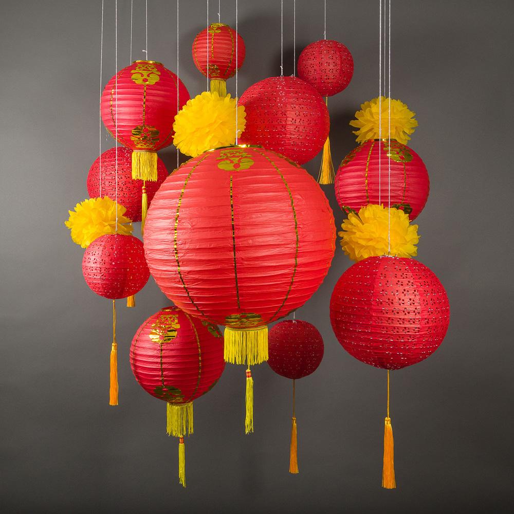  13-pc Red Chinese New Year Celebration Party Pack Paper Lantern Combo Set - AsianImportStore.com - B2B Wholesale Lighting and Decor