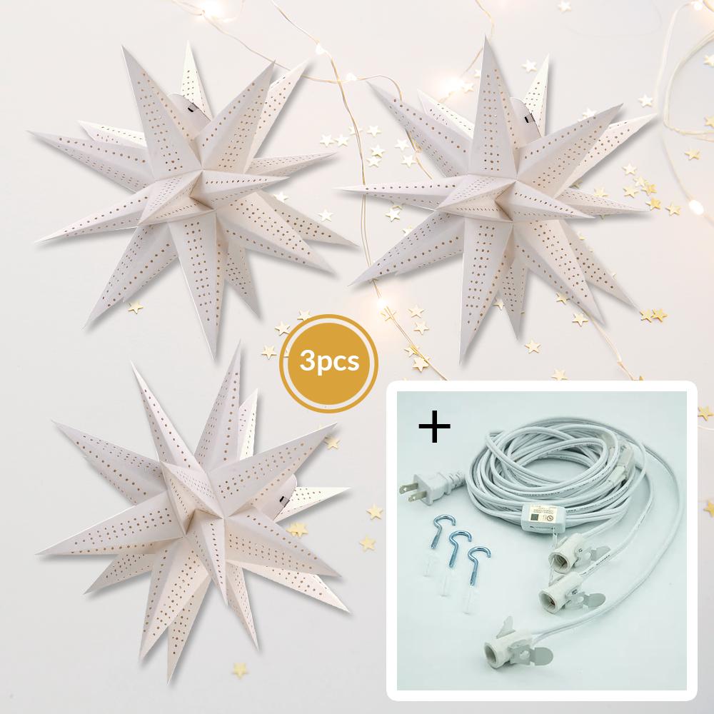 3-PACK + Cord | White Moravian Multi-Point 24" Illuminated Paper Star Lanterns and Lamp Cord Hanging Decorations - AsianImportStore.com - B2B Wholesale Lighting and Decor