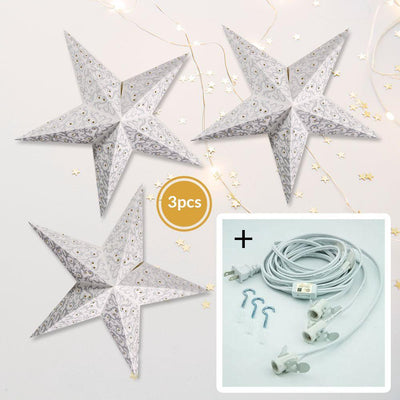 3-PACK + Cord | Silver Glitter Bramble 24" Illuminated Paper Star Lanterns and Lamp Cord Hanging Decorations - AsianImportStore.com - B2B Wholesale Lighting and Decor