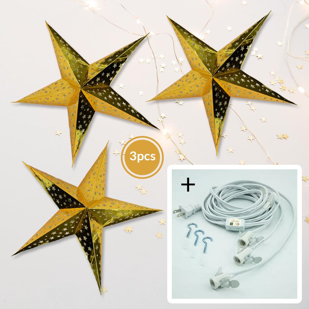3-PACK + Cord | Gold Starry Night 26" Illuminated Paper Star Lanterns and Lamp Cord Hanging Decorations - AsianImportStore.com - B2B Wholesale Lighting and Decor