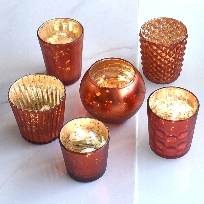  Best of Show Vintage Mercury Glass Votive Tea Light Candle Holders - Rustic Copper Red (6 PACK, Assorted Designs) - AsianImportStore.com - B2B Wholesale Lighting and Decor