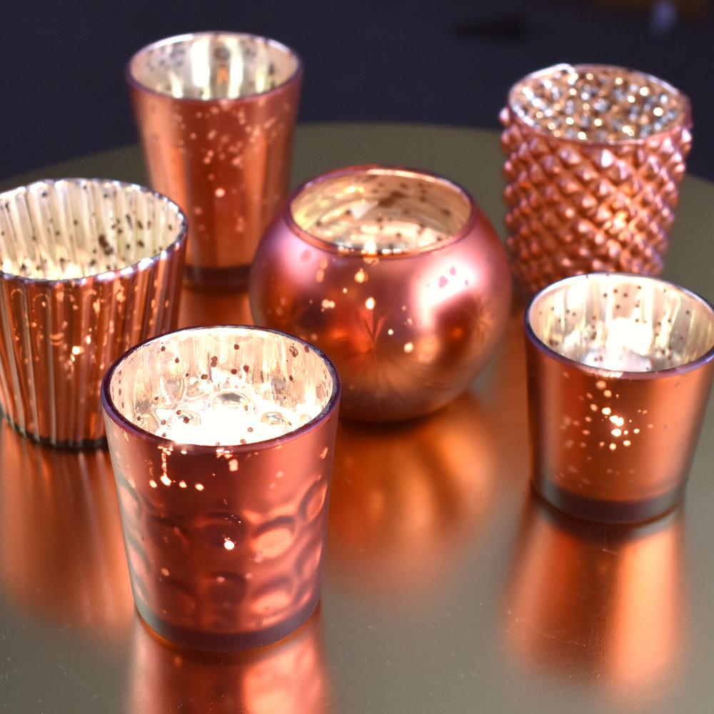 Best of Show Vintage Mercury Glass Votive Tea Light Candle Holders - Rustic Copper Red (6 PACK, Assorted Designs) - AsianImportStore.com - B2B Wholesale Lighting and Decor