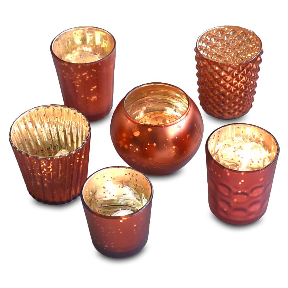  Best of Show Vintage Mercury Glass Votive Tea Light Candle Holders - Rustic Copper Red (6 PACK, Assorted Designs) - AsianImportStore.com - B2B Wholesale Lighting and Decor