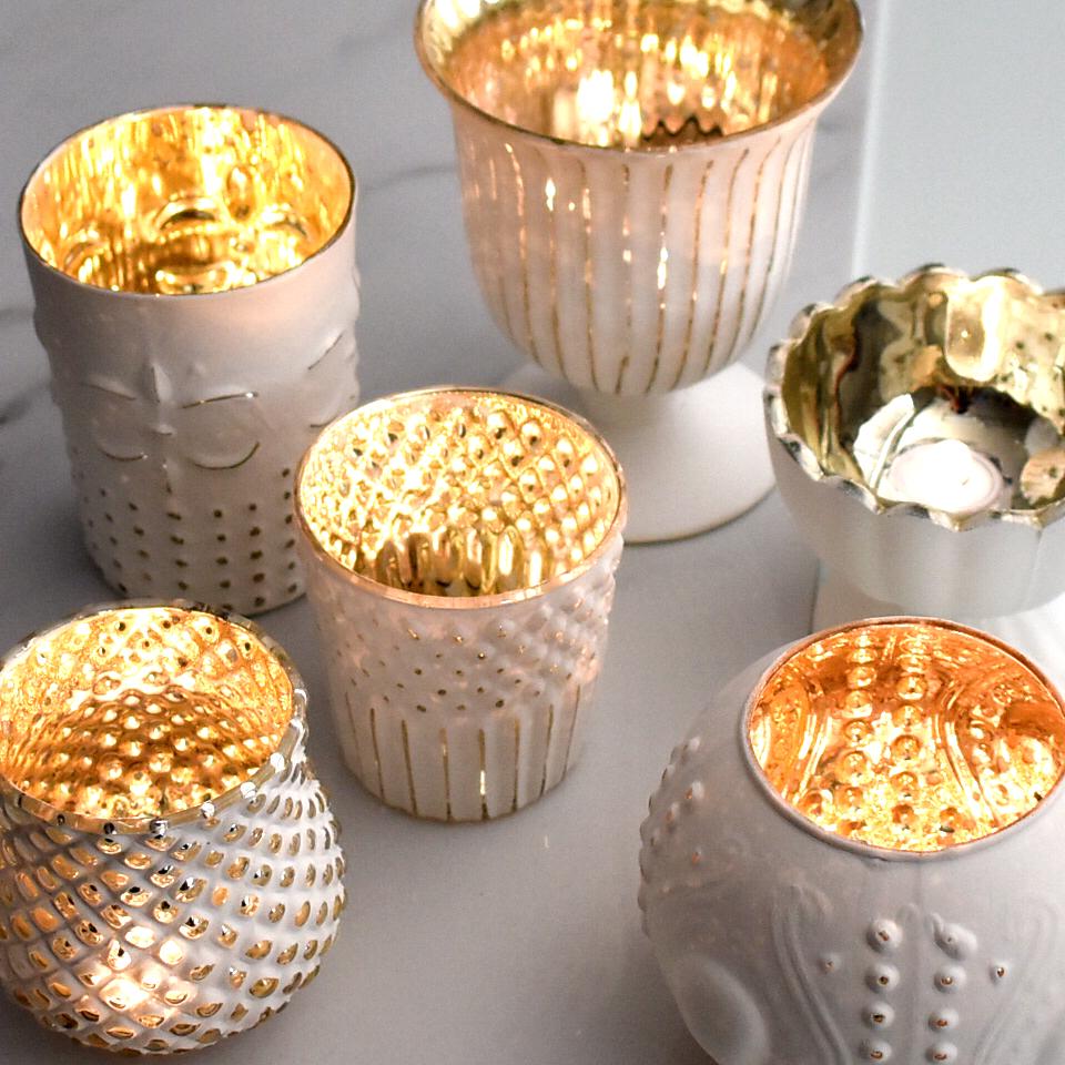 Vintage Glam Antique White Mercury Glass Tea Light Votive Candle Holders (6 PACK, Assorted Designs and Sizes) - AsianImportStore.com - B2B Wholesale Lighting & Decor since 2002