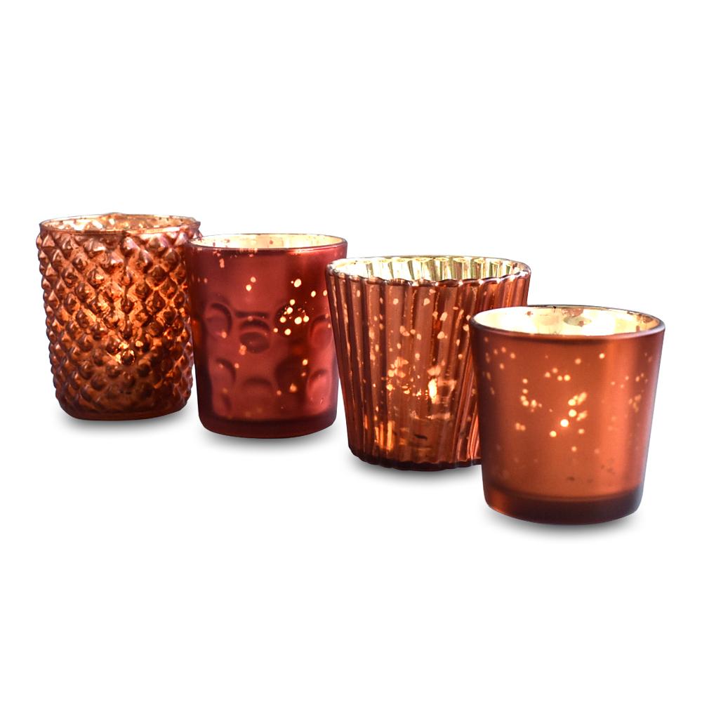 Best of Show Mercury Glass Tealight Votive Candle Holders (Rustic Copper Red, Set of 4, Assorted Styles) - for Weddings, Events, Parties, Home Decor - AsianImportStore.com - B2B Wholesale Lighting & Decor since 2002