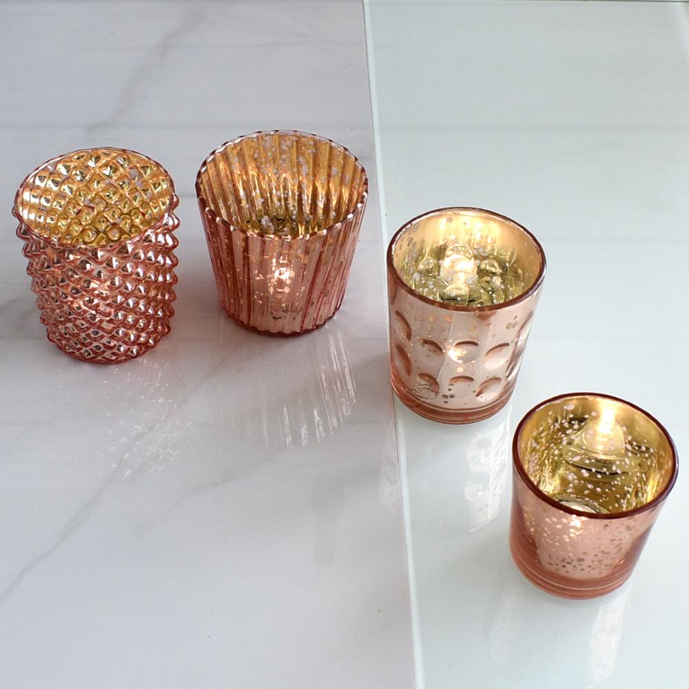 Best of Show Mercury Glass Tealight Votive Candle Holders (Rose Gold Pink, Set of 4, Assorted Styles) - for Weddings, Events, Parties, and Home Décor, Ideal Housewarming Gift - AsianImportStore.com - B2B Wholesale Lighting and Decor