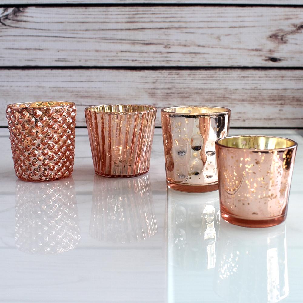 Best of Show Mercury Glass Tealight Votive Candle Holders (Rose Gold Pink, Set of 4, Assorted Styles) - for Weddings, Events, Parties, and Home Décor, Ideal Housewarming Gift - AsianImportStore.com - B2B Wholesale Lighting and Decor