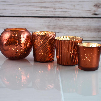 Royal Flush Mercury Glass Tealight Votive Candle Holders (Rustic Copper Red, Set of 4, Assorted Designs and Sizes) - for Weddings and Home Décor - AsianImportStore.com - B2B Wholesale Lighting and Decor