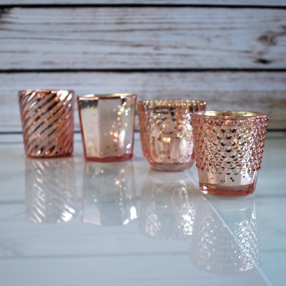 Vintage Chic Mercury Glass Tealight Votive Candle Holders (Rose Gold Pink, Set of 4, Assorted Designs and Sizes) - AsianImportStore.com - B2B Wholesale Lighting & Decor since 2002