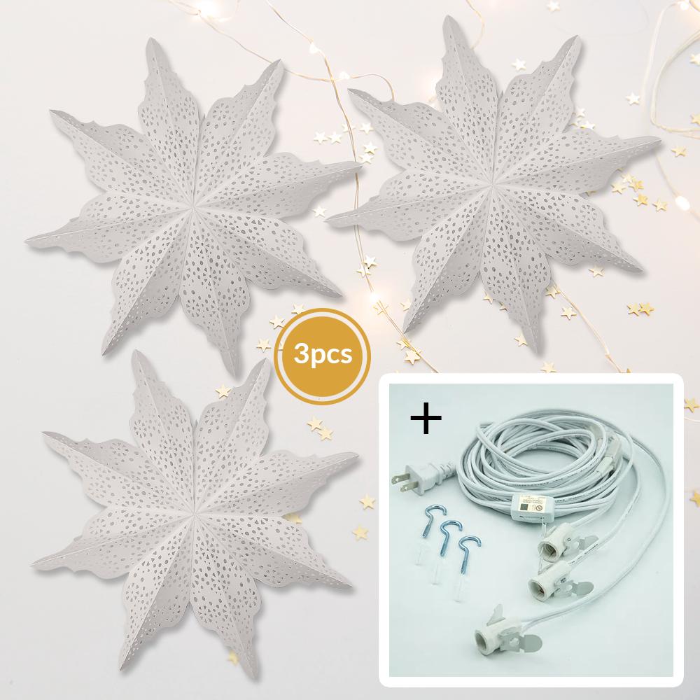 3-PACK + Cord | Bright White Cristallo 29" Pizzelle Designer Illuminated Paper Star Lanterns and Lamp Cord Hanging Decorations - AsianImportStore.com - B2B Wholesale Lighting and Decor