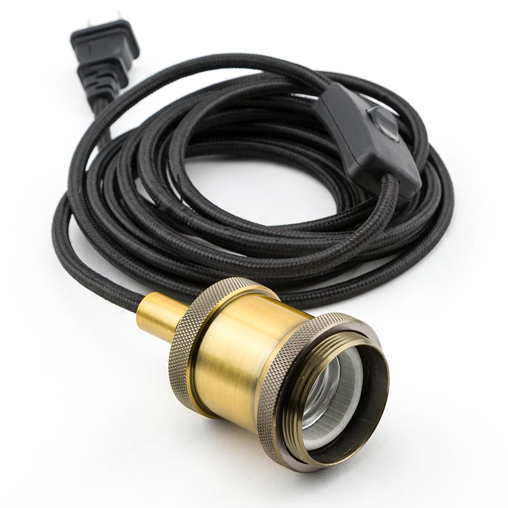 Classic Modern Gold Pendant Light Lamp Cord w/ Satin Brass Finish, Switch, 11FT Braided Black Cloth - Electrical Swag Light Kit - AsianImportStore.com - B2B Wholesale Lighting and Decor