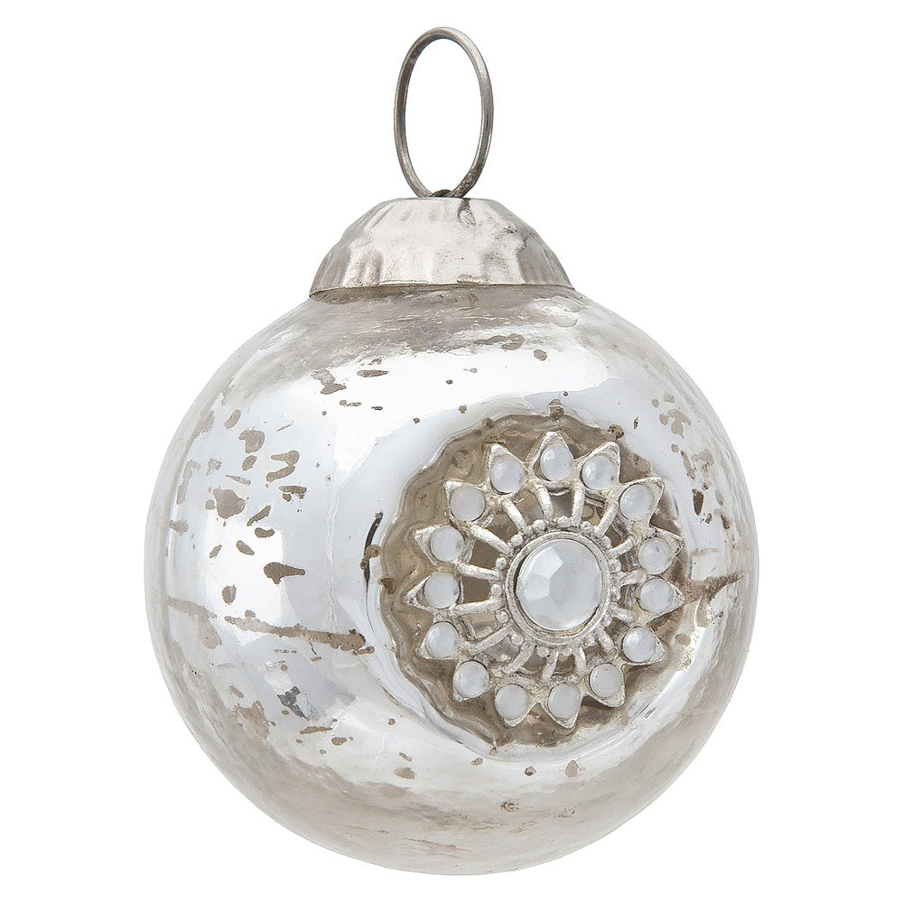 BLOWOUT (20 PACK) Mercury Glass Ornaments (2.25-Inch, Audrey Bejeweled Design, Silver, Single)