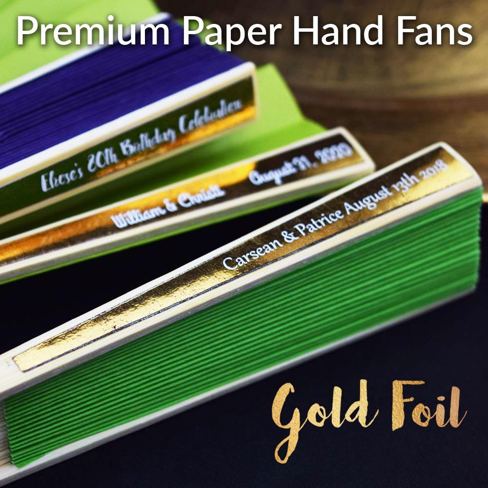 Personalized Premium Paper Folding Hand Fans w/ Metallic Gold Foil Labels (10 PACK) - PRE-ASSEMBLED - AsianImportStore.com - B2B Wholesale Lighting and Decor