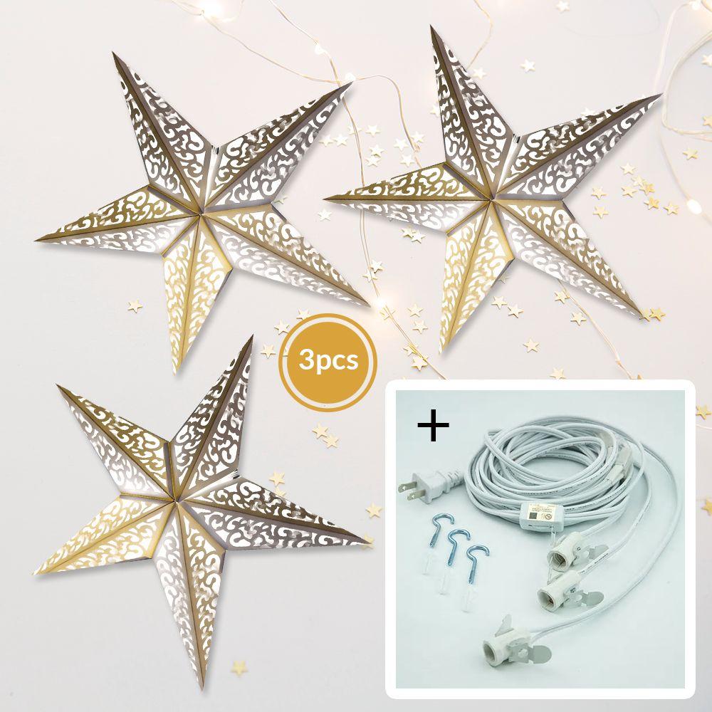3-PACK + Cord | White Liberty 24" Illuminated Paper Star Lanterns and Lamp Cord Hanging Decorations - AsianImportStore.com - B2B Wholesale Lighting and Decor