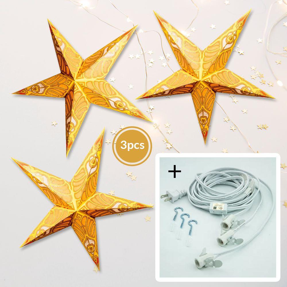 3-PACK + Cord | Yellow Parrot Glitter 24" Illuminated Paper Star Lanterns and Lamp Cord Hanging Decorations - AsianImportStore.com - B2B Wholesale Lighting and Decor