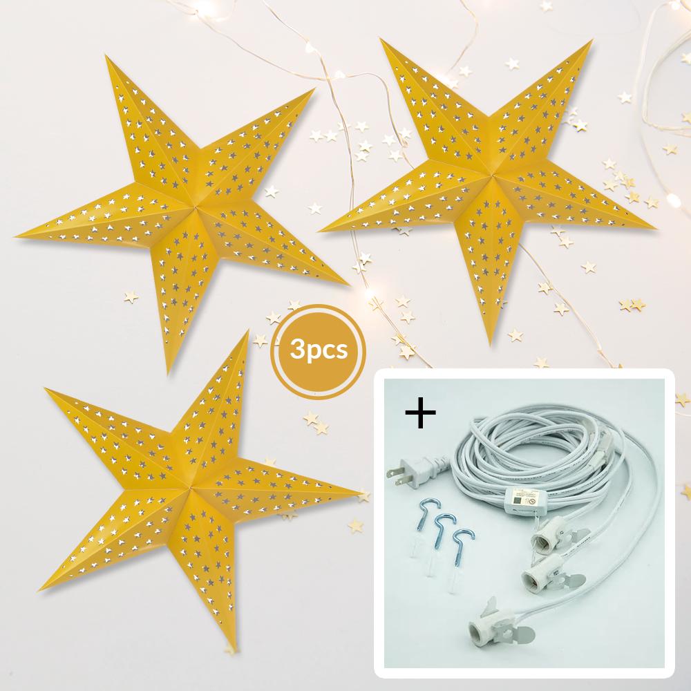  3-PACK + Cord | Yellow Starry Night 24" Illuminated Paper Star Lanterns and Lamp Cord Hanging Decorations - AsianImportStore.com - B2B Wholesale Lighting and Decor