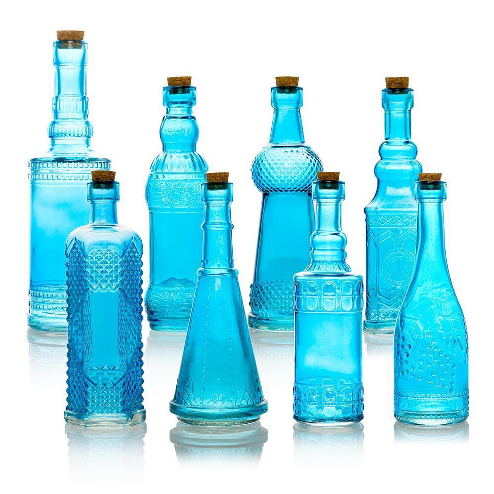 8pc Turquoise Vintage Glass Wedding Bottle Set, Assorted Wedding Table and Centerpiece Display - AsianImportStore.com - B2B Wholesale Lighting & Decor since 2002