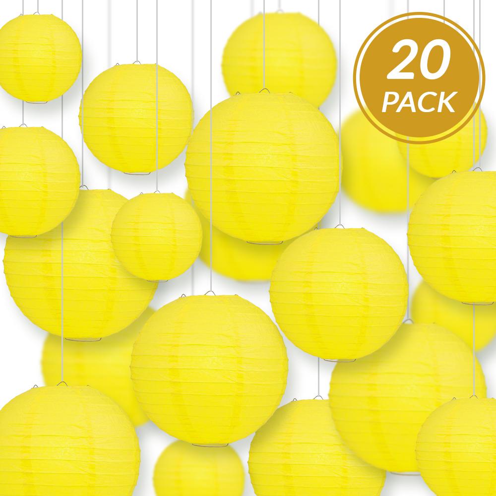 Ultimate 20pc Yellow Paper Lantern Party Pack - Assorted Sizes of 6, 8, 10, 12 for Weddings, Birthday, Events and Decor - AsianImportStore.com - B2B Wholesale Lighting and Decor