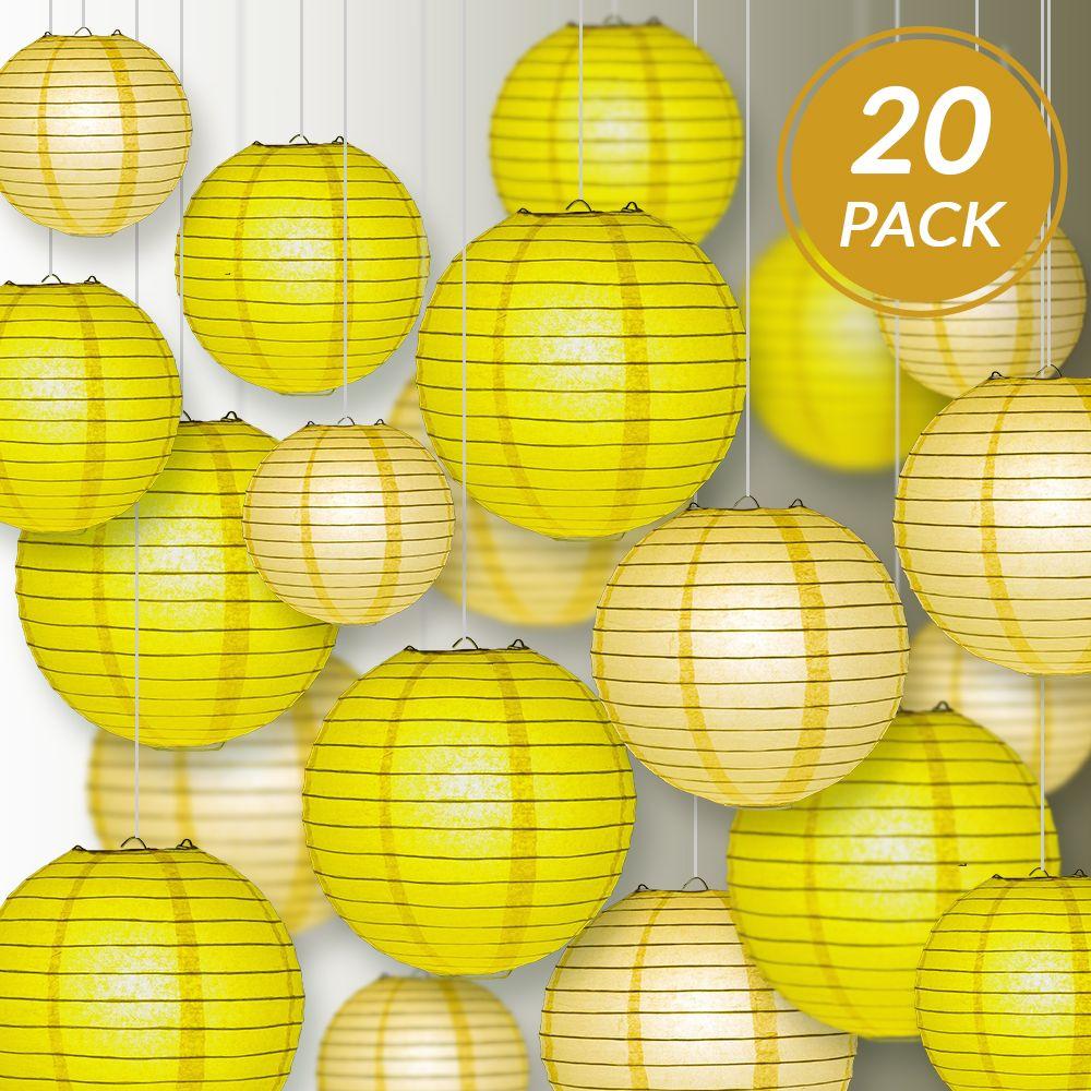Ultimate 20-Piece Yellow Variety Paper Lantern Party Pack - Assorted Sizes of 6", 8", 10", 12" (5 Round Lanterns Each) for Weddings, Events and Decor - AsianImportStore.com - B2B Wholesale Lighting and Decor
