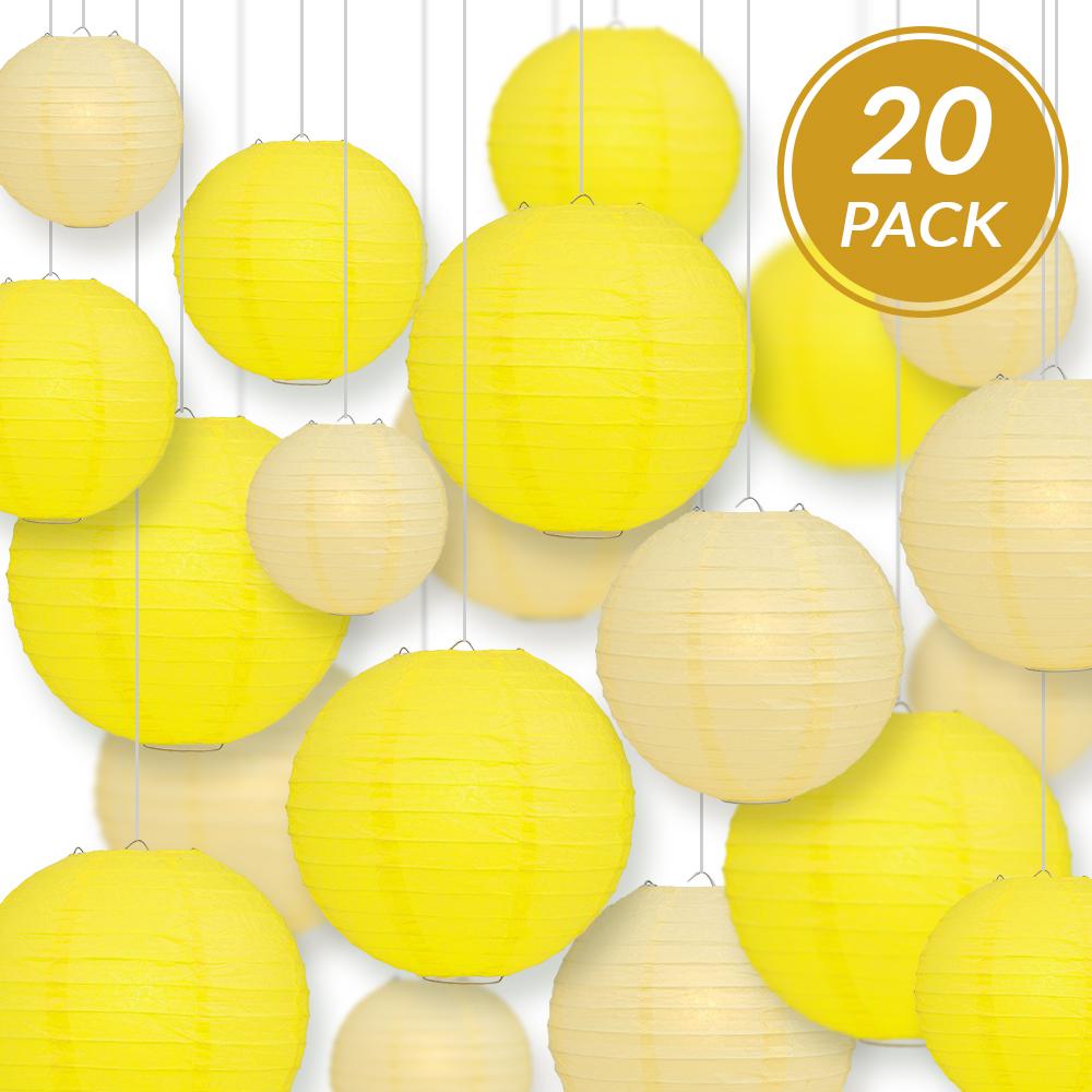 Ultimate 20-Piece Yellow Variety Paper Lantern Party Pack - Assorted Sizes of 6", 8", 10", 12" (5 Round Lanterns Each) for Weddings, Events and Decor - AsianImportStore.com - B2B Wholesale Lighting and Decor