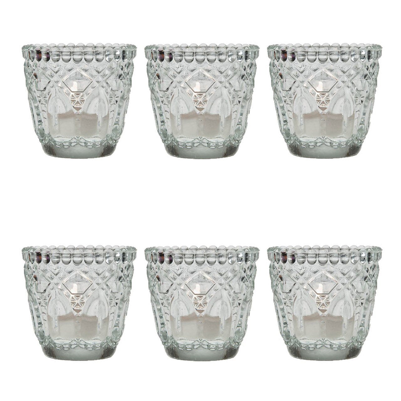 6 Pack | Faceted Vintage Glass Candle Holders (2.75-Inch, Lillian Design, Clear) - Use with Tea Lights - For Home Decor, Parties and Wedding Decorations - AsianImportStore.com - B2B Wholesale Lighting & Decor since 2002
