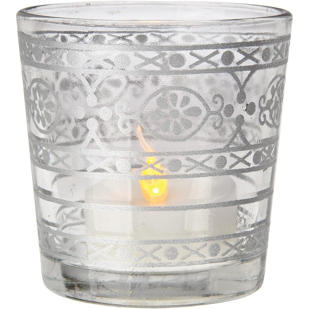 Glass Candle Holder (2.5-Inch, Elisa Design, Clear, Mehndi Silver Accents) - For Use with Tea Lights - For Home Decor, Parties and Wedding Decorations - AsianImportStore.com - B2B Wholesale Lighting and Decor