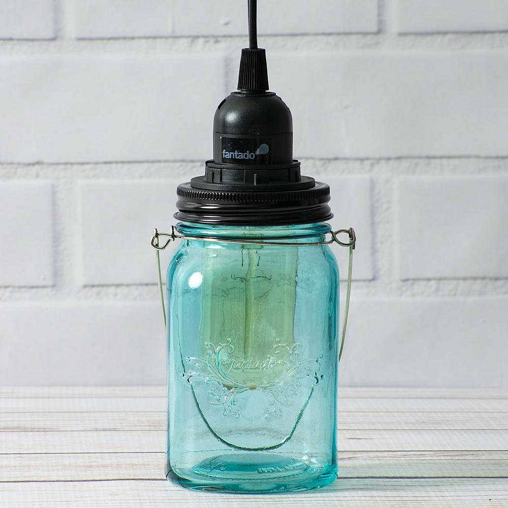 Water Blue Glass Mason Jar Pendant Light Kit, Regular Mouth, Black Cord, 15FT - AsianImportStore.com - B2B Wholesale Lighting and Decor