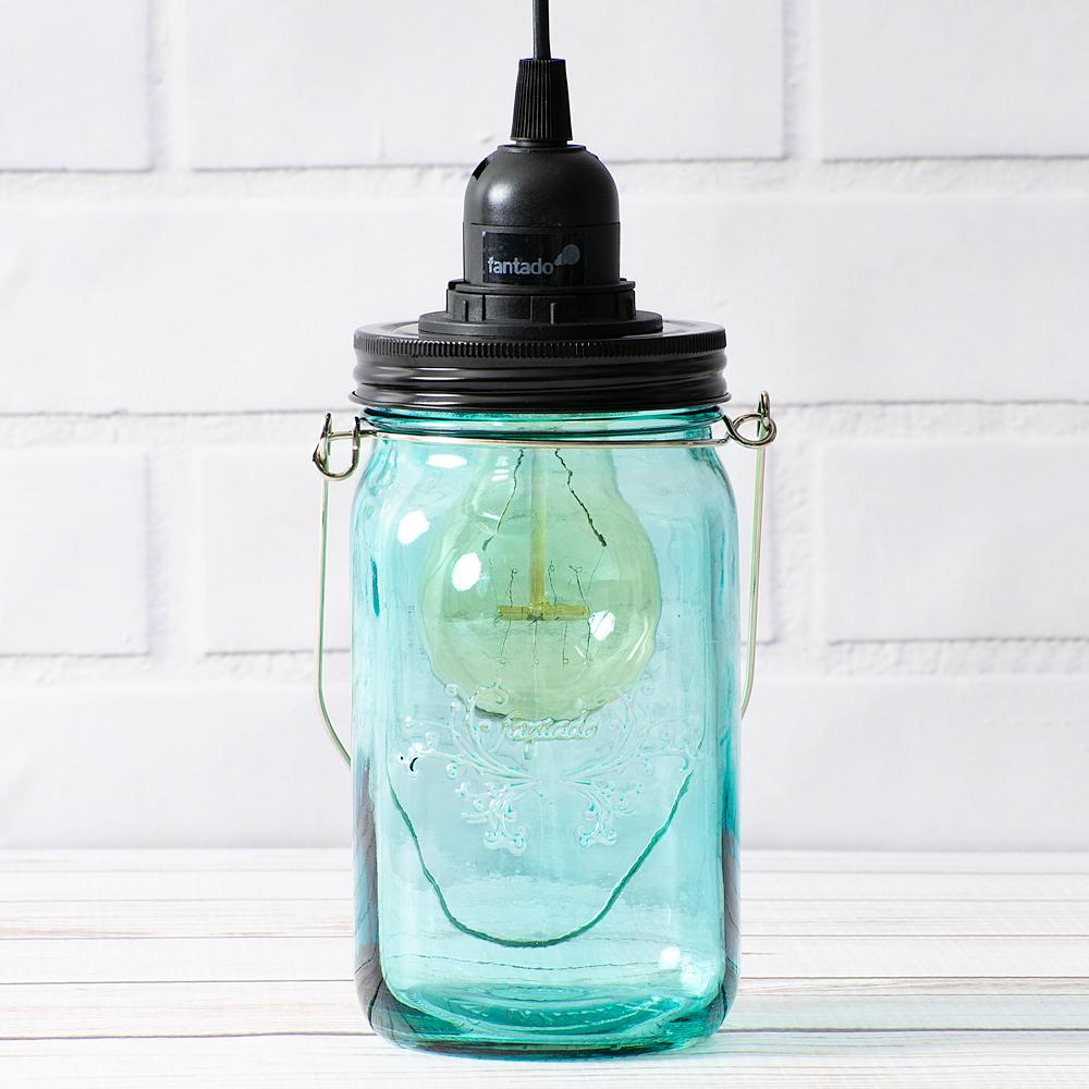  Fantado Water Blue Glass Mason Jar Pendant Light Kit, Wide Mouth, Black Cord, 15FT - AsianImportStore.com - B2B Wholesale Lighting and Decor