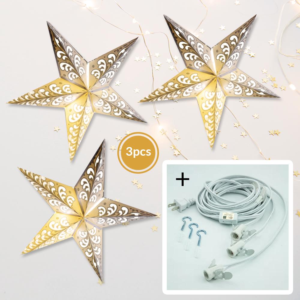 3-PACK + Cord | Silver Glitter Wave 24" Illuminated Paper Star Lanterns and Lamp Cord Hanging Decorations - AsianImportStore.com - B2B Wholesale Lighting and Decor